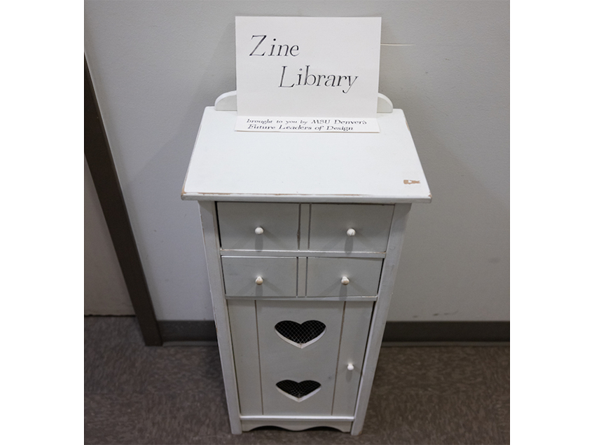 Zine library cabinet in the Communication Design suite hallway.