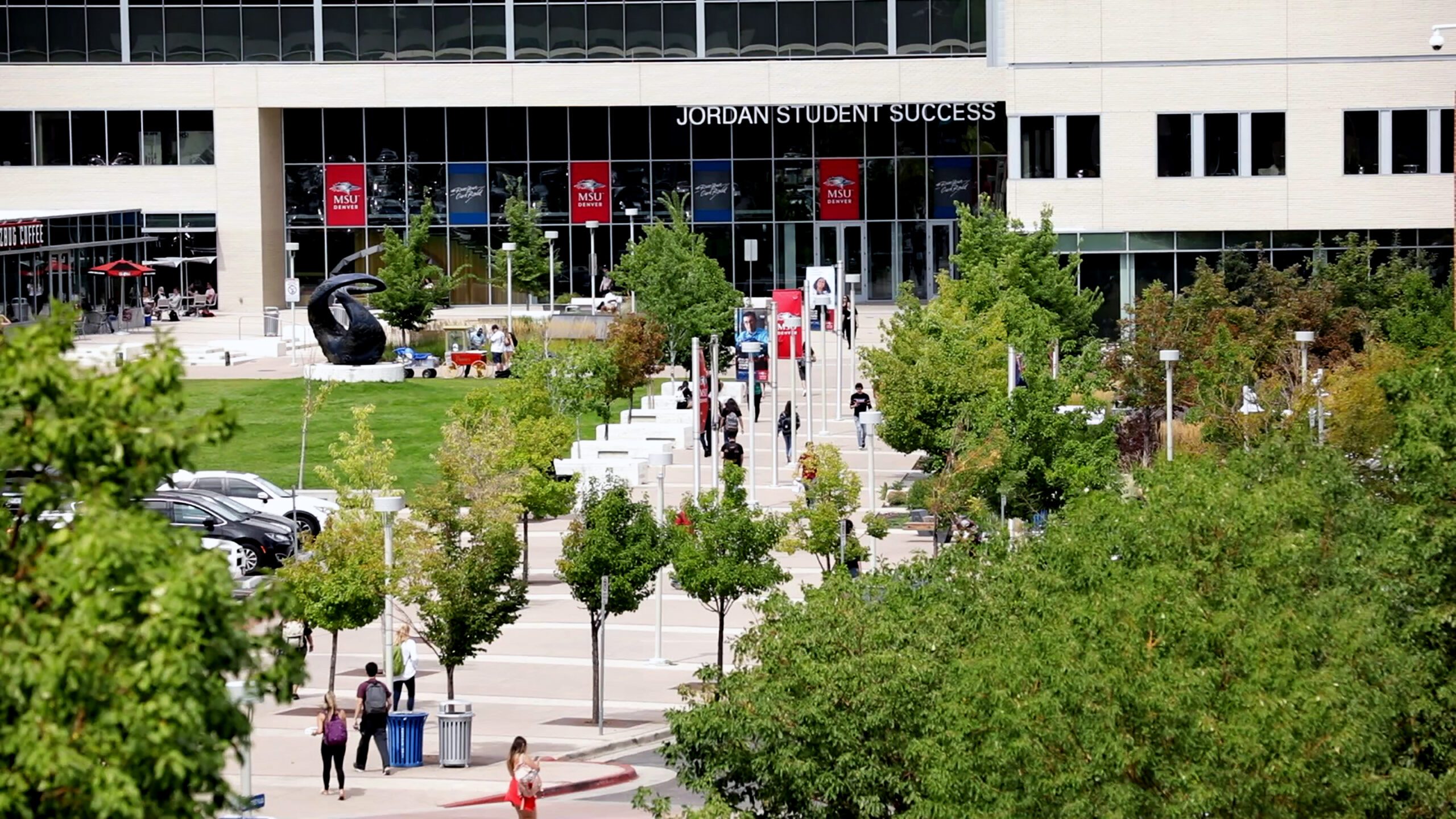 Aerial view of the JSSB lawn and One World One Water sculpture