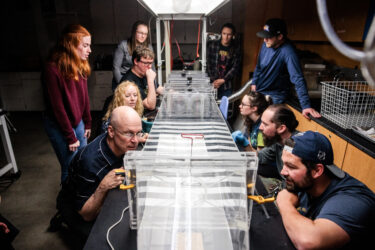 Students and Dr. Hancock gathered around a table, looking at mosquitos