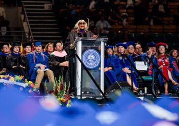 Dawn Bookhardt speaks at commencement during the spring 2023 ceremony.