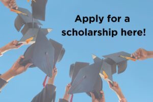 Graduates with hats and link to apply for scholarships