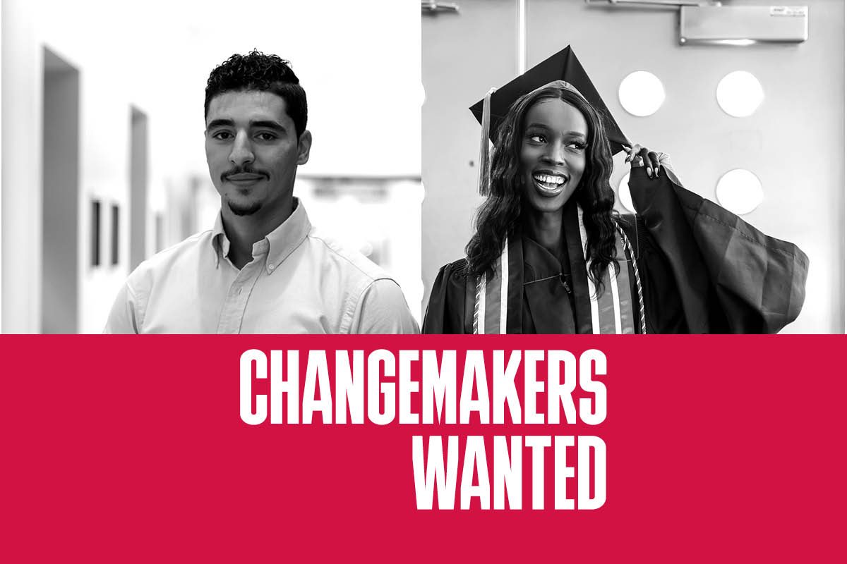 Changemakers Wanted graphic with two MSU Denver students posing for a portrait.