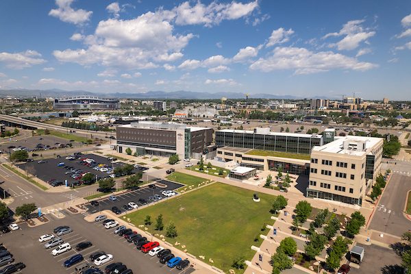 Aerial of auraria campus overlooking the Jordan Student Success Building and Aerospace and Engineering Sciences Building