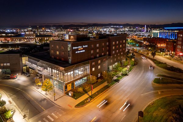 Aerial of Auraria Campus focusing on SpringHill Suites Denver Downtown building
