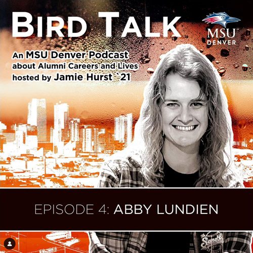 Bird Talk podcast logo with Abby Lundien's head shot in front of the Denver skyline