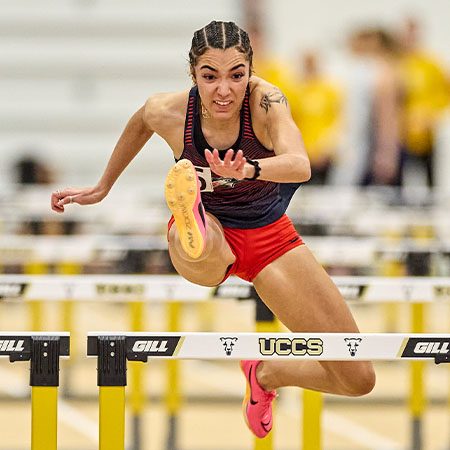 Maya Ries competes in the 2023 Colorado Running Company UCCS Invitational at the Mountain Lion Fieldhouse at the University of Colorado in Colorado Springs on Jan. 21, 2023. Photo by Darral Freund