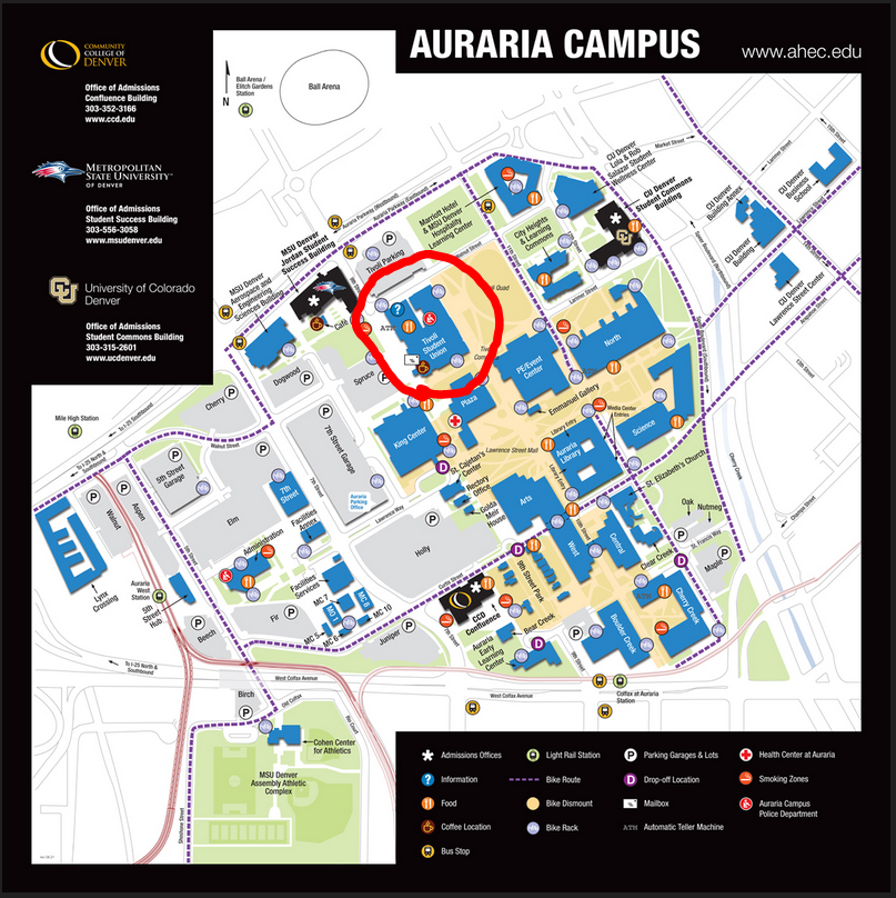 Map of Auraria campus. Tivoli is circled