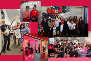 Collage of office decoration and alumni award winners.