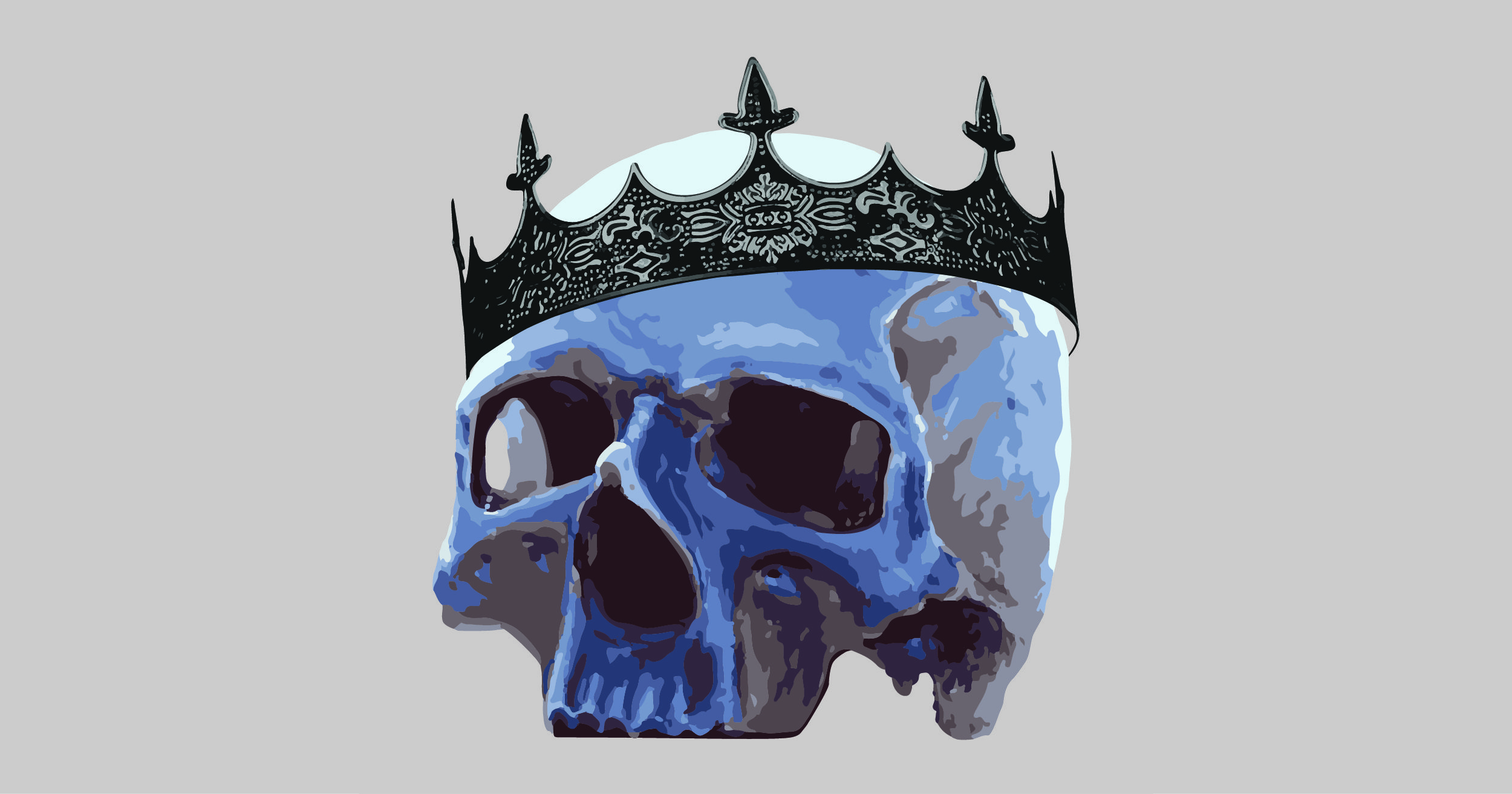 blue toned skull with dark grey crown at an angle on it's head