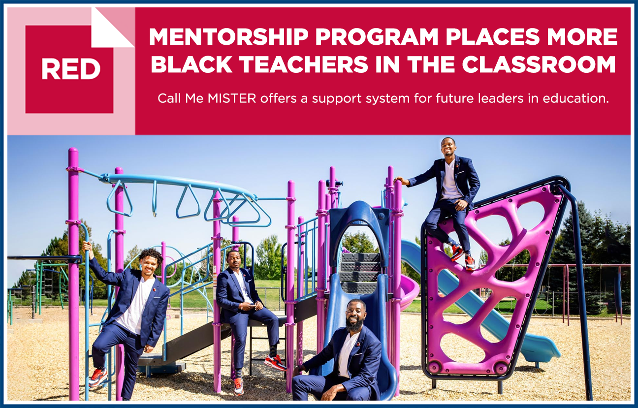 Photograph showing MSU Denver's Jordan Puch, Christopher Livingston, Rashad Anderson and Joshua Barringer posing in matching suits on a childrens' playground.