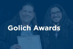 Golich awards graphic overlay on image of winners holding certificate.