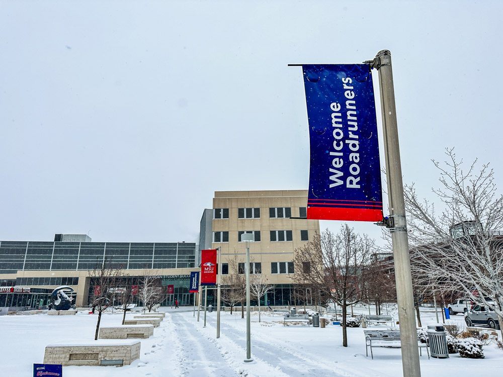 A snowy day in front of JSSB