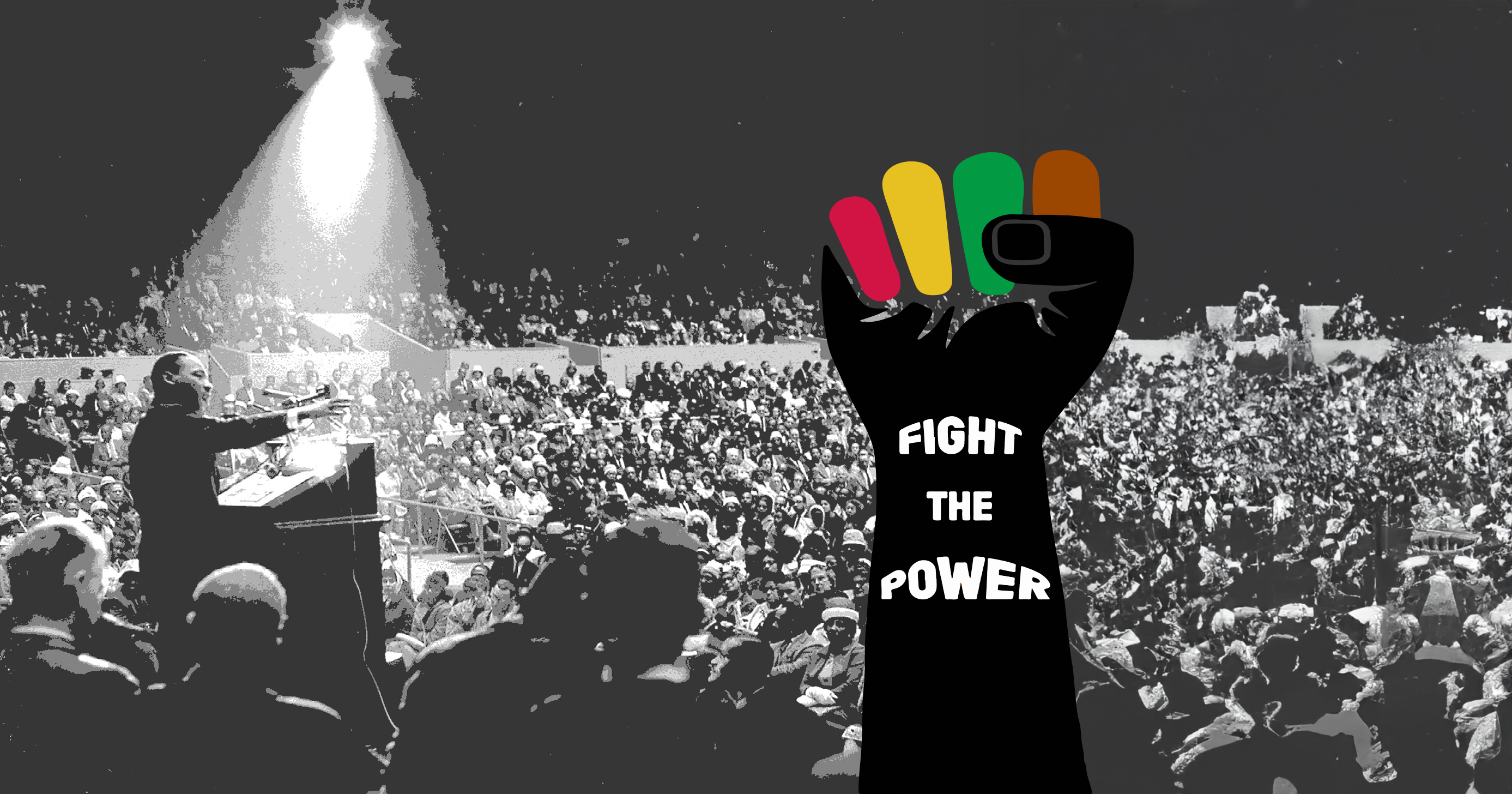 a black and white photo in the background, a large crowd is gathered, focusing their attention on a stage where Dr. Martin Luther King Jr., stands at a podium, illuminated by a dramatic beam of light from above, which highlights his presence as the speaker. Overlaying the photo is a raised clenched fist with the text 