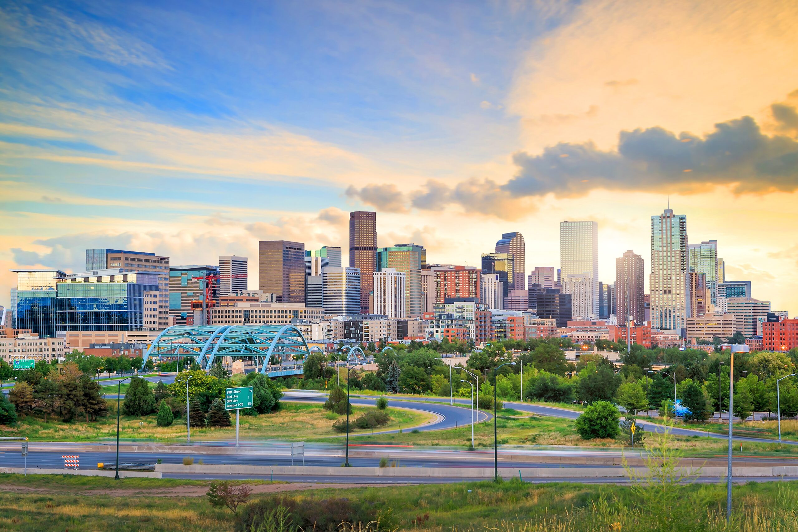 Panorama of Denver skyline at twilight.