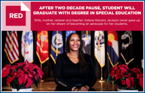 Graphic of graduating student Solana Stevens Jackson sitting on stage between two poinsettia plants and a row of flags in the background. Text overlaid on the graphic reads: 