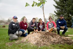 MSU Denver faculty, staff and students planting a tree