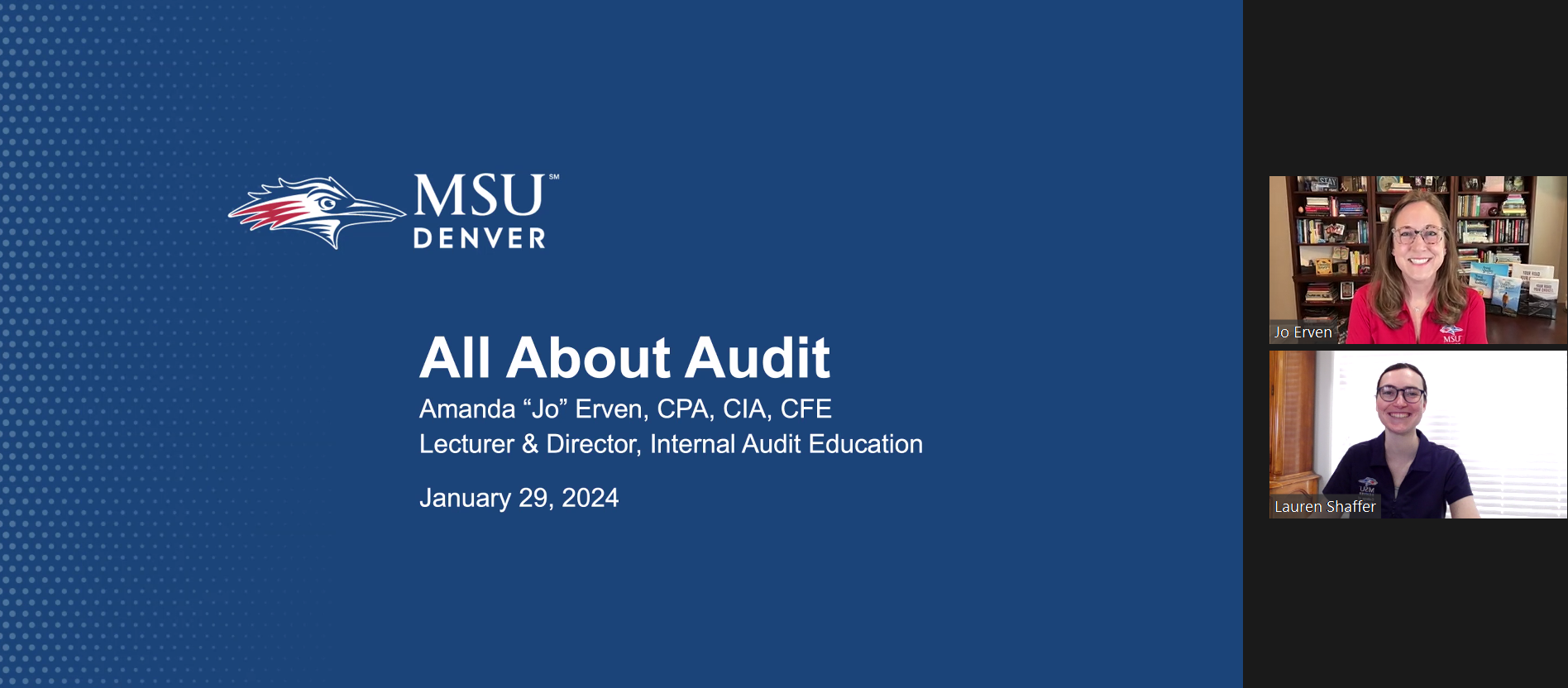 All About Audit virtual event title page & speakers in Zoom room (Jo & Lauren)