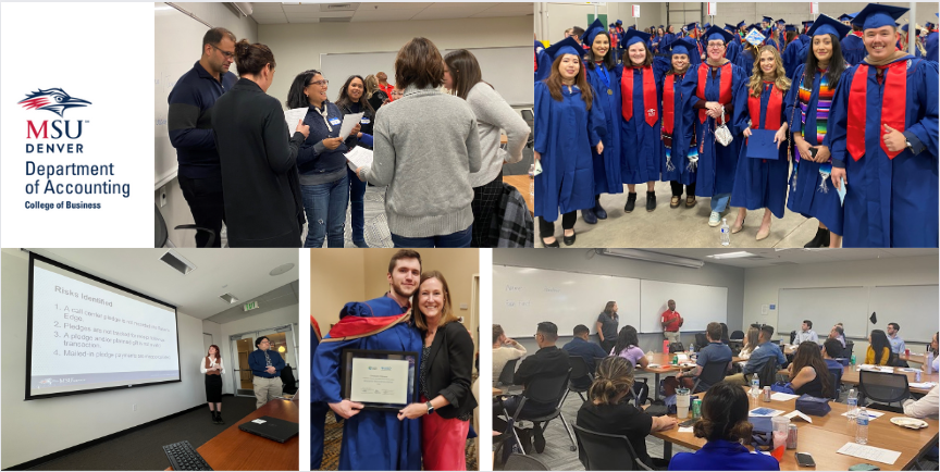 collage of department of accounting student photos ranging from a graduation photo of students in their regalia, a class of students, students presenting, and students talking in a group setting, along with the Department of Accounting logo