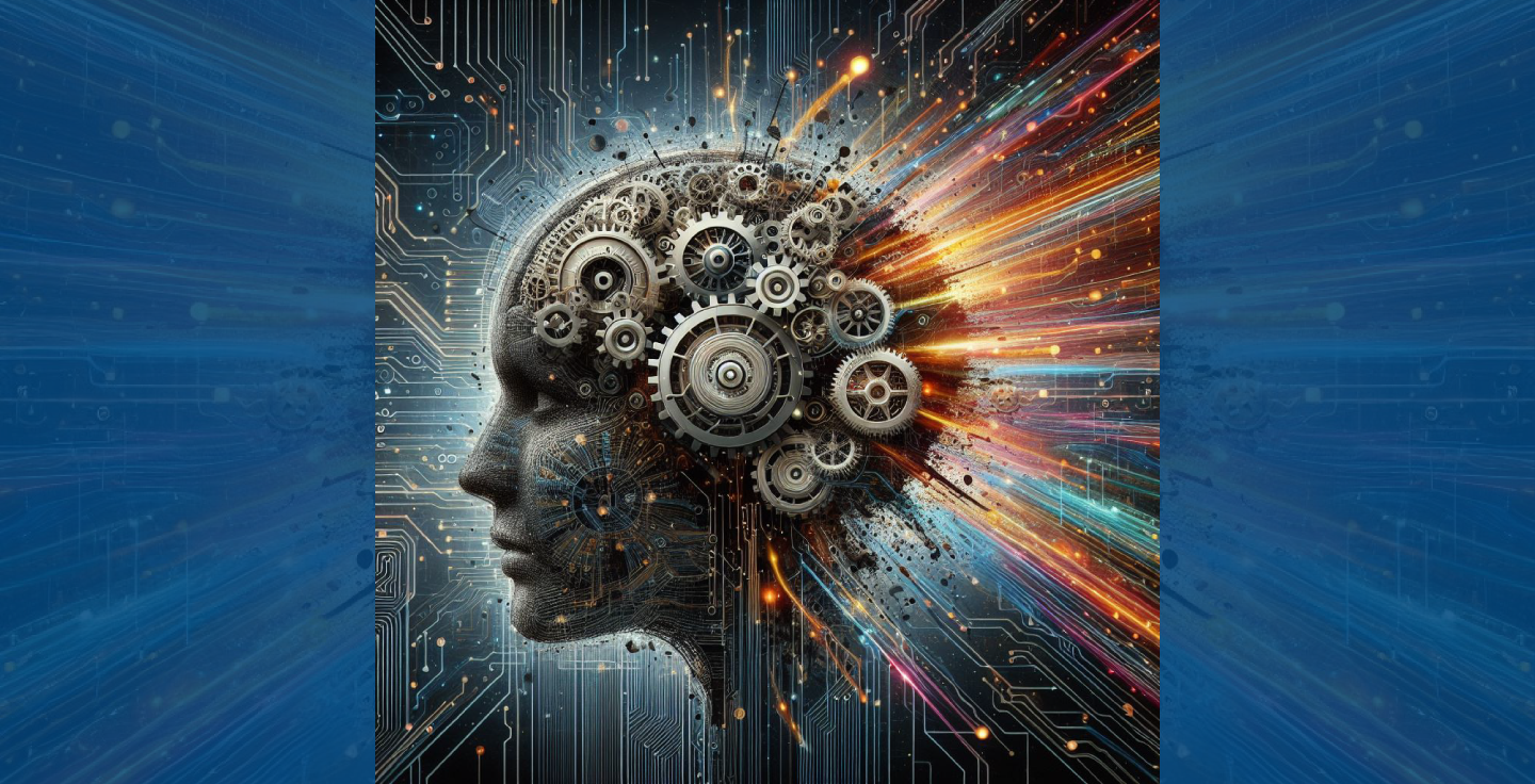 Person with gears overlaying the brain and colorful rays emanating from them