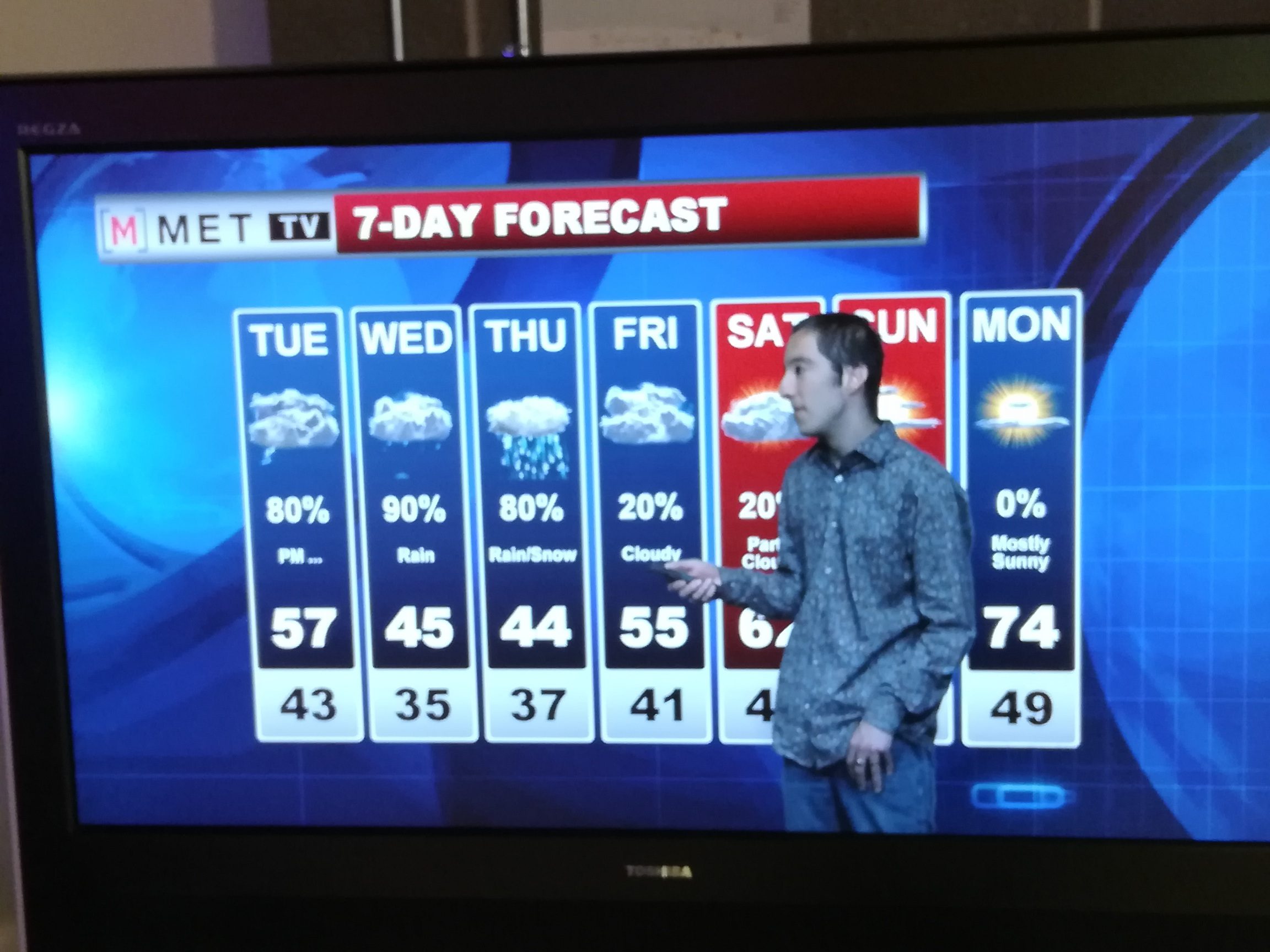 Decorative: Inclusive Higher Education student forcasts the weather in front of a green screen with a 7 day forecast displayed.
