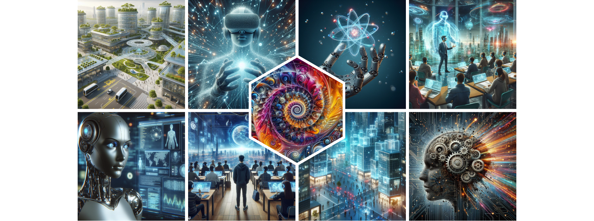 A collage of various generative AI tools, including text, image, and video generation examples