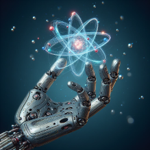 Robot hand holding an atom