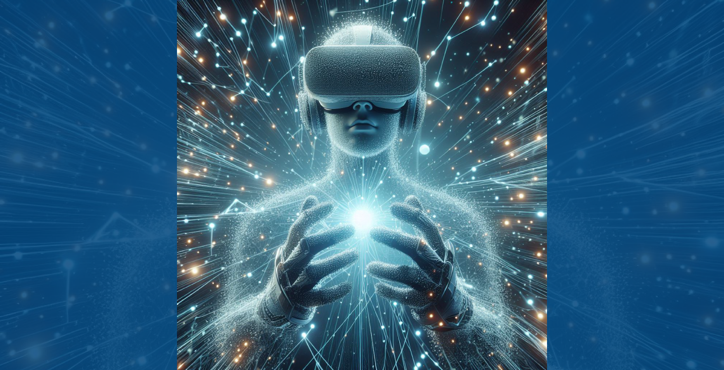Person wearing a virtual reality headset and holding a ball of light