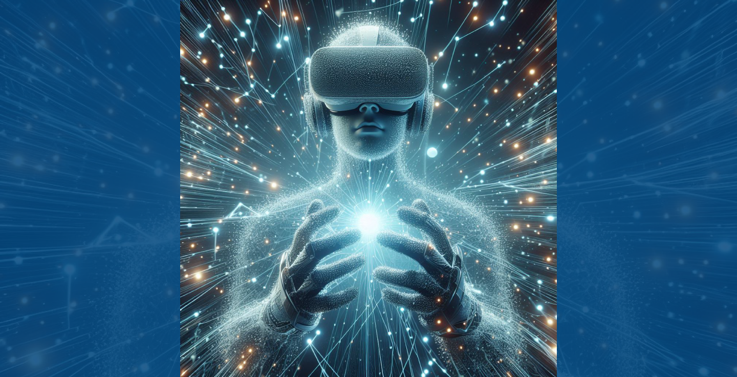 A person wearing a VR headset, interacting with a virtual environment