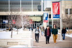 Students walking across campus on the first day of the Spring semester 2024.