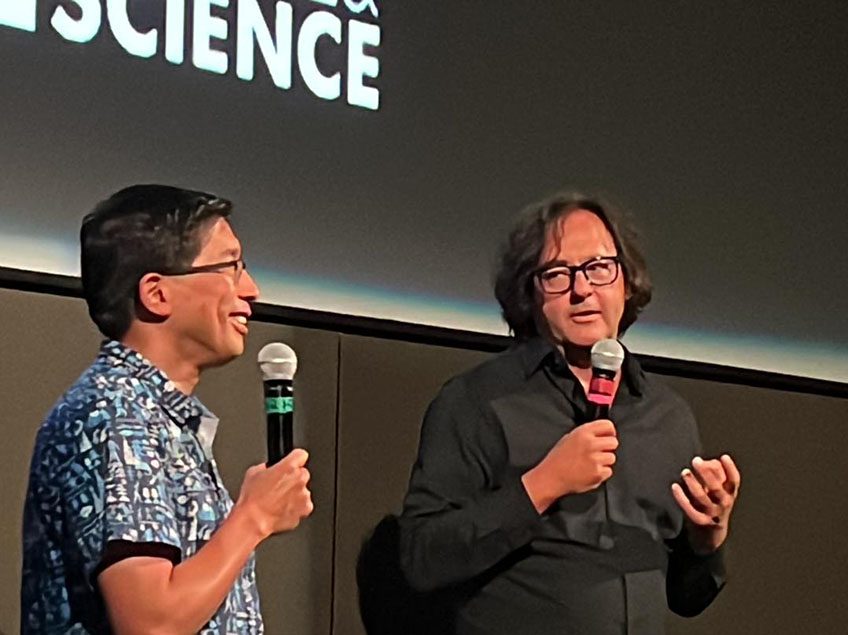 Dr. Vincent Piturro, professor of film and media studies at MSU Denver, and Dr. KaChun Yu, astrophysicist with the Denver Museum of Nature and Science, at the 13th annual Denver Sci-Fi Film Series at the Sie Film Center