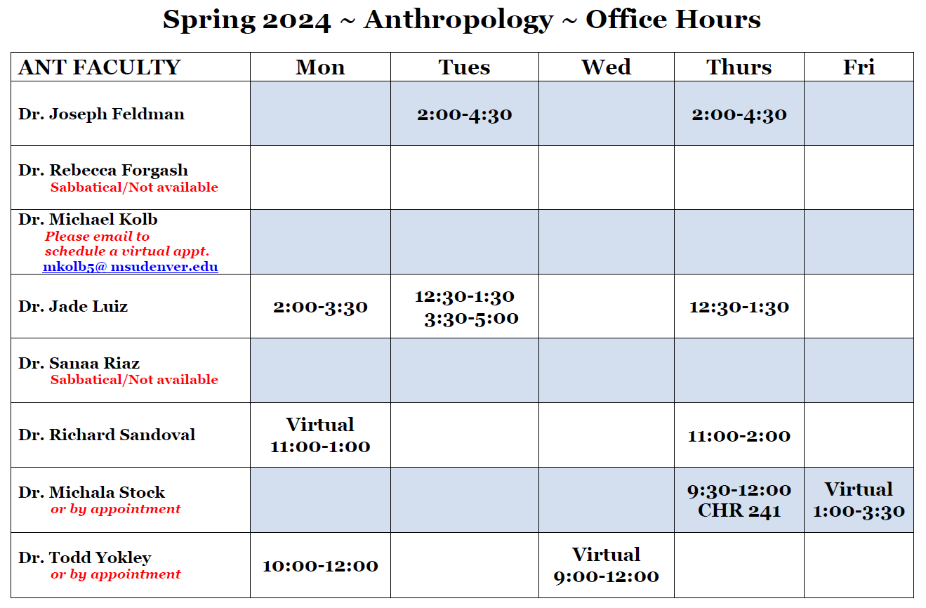 Anthropology Spring 2024 Office Hours