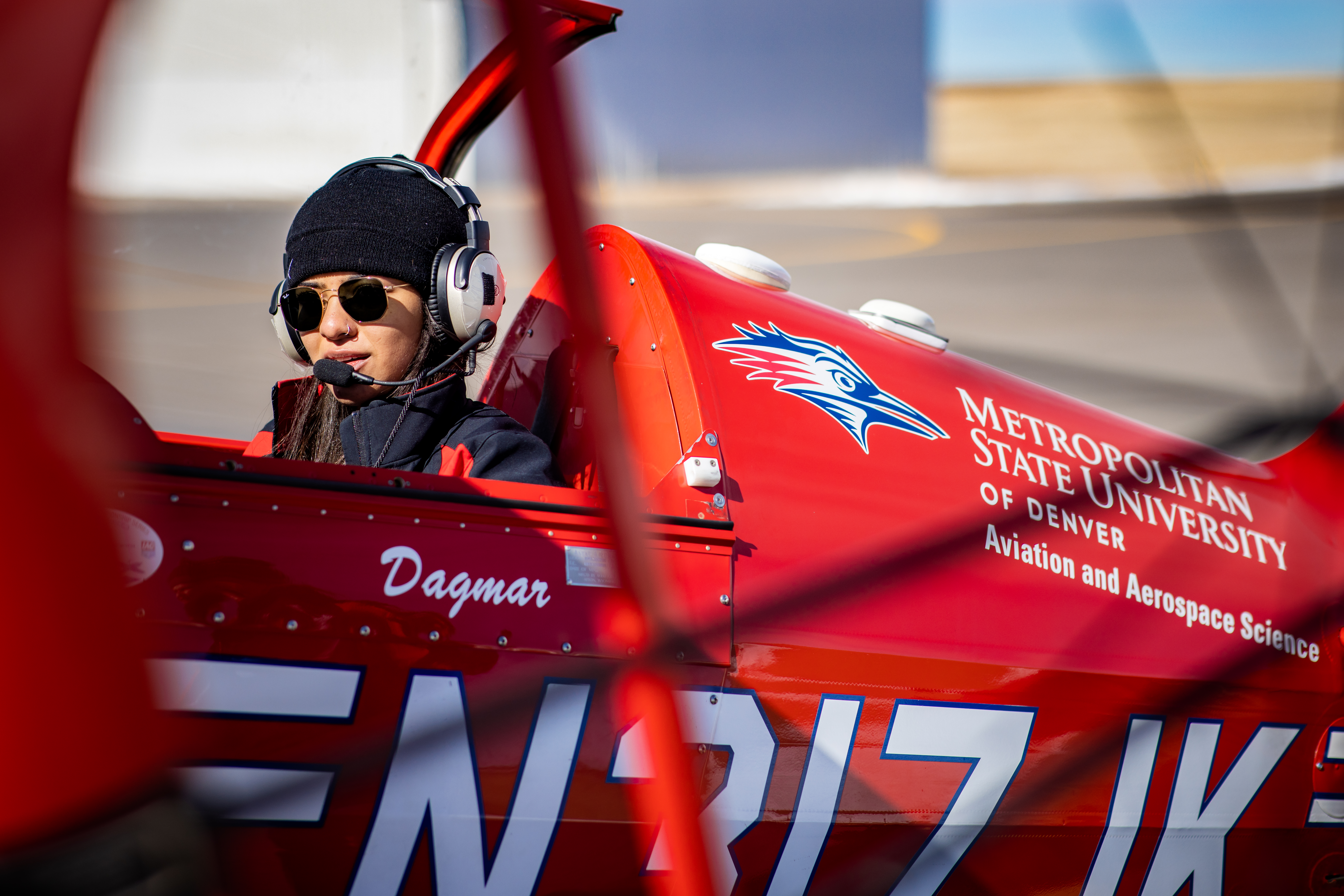 MSU Denver student, Haley Jo Brinson, Bachelor in Aerospace Sciences, major Professional Flight Officer sits in plane in preparation for flight departure on Feb. 12, 2022 at Fort Morgan Municipal Airport. Photo by Alyson McClaran