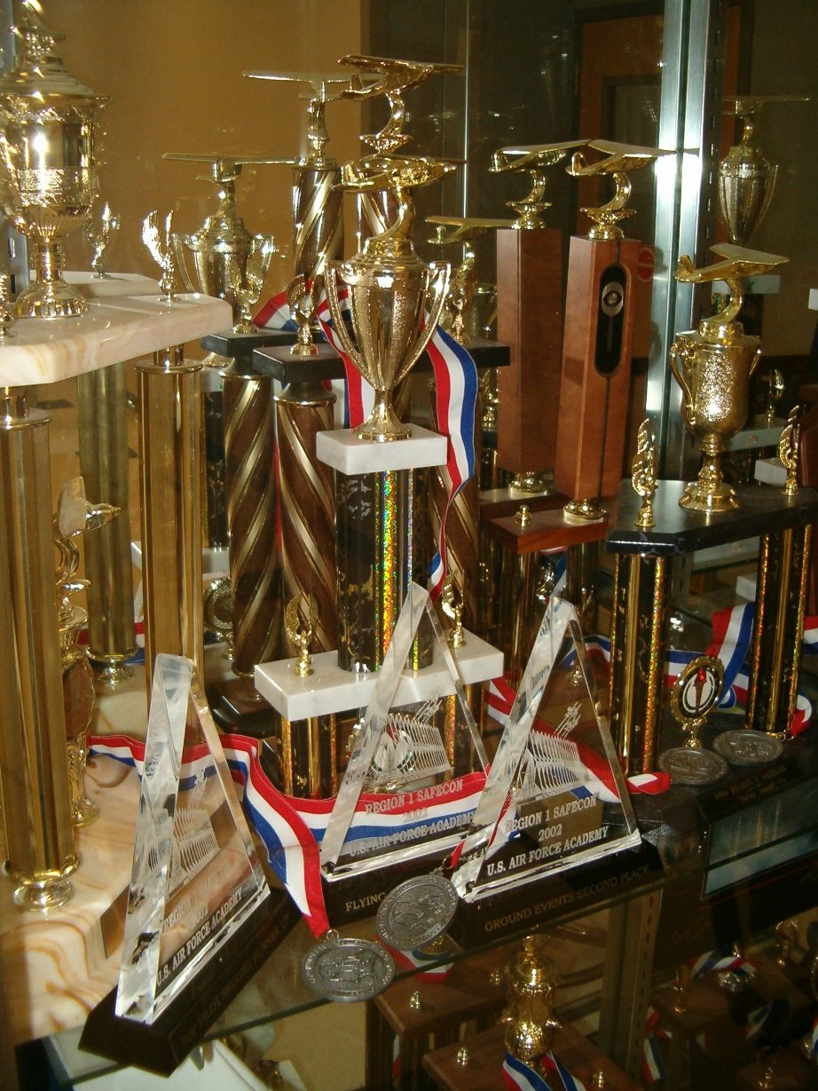 Trophies and medals awarded to the MSU Denver Precision Flight Team.