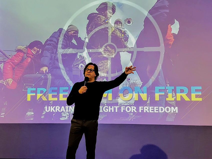 Dr. Vincent Piturro, professor of film and media studies, presenting at a screening of Freedom on Fire (2022) Documentary at the Cinema of Survival Ukrainian Film Festival.