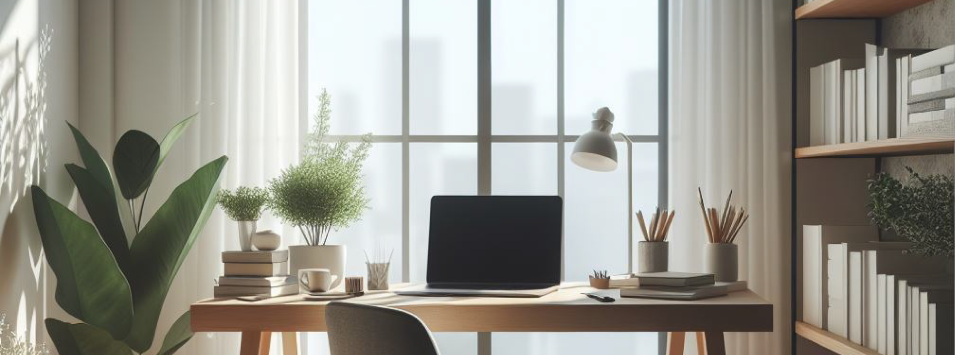 Desk with computer facing a window