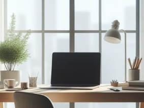 Desk with a computer facing a window