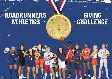 Roadrunners Athletics Giving Challenge graphic with athletes from each sport and a gold medal in the middle