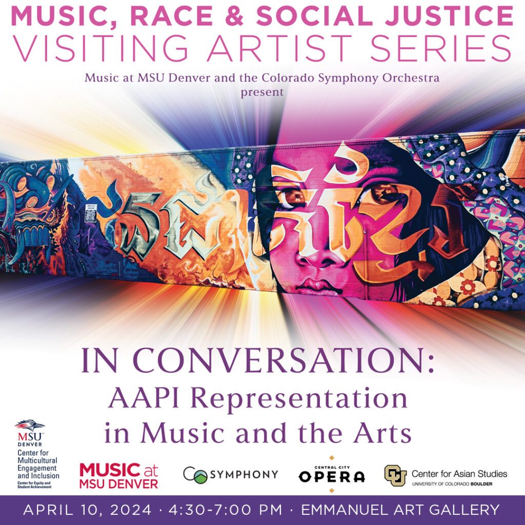 Wall mural of pink face with orange eyes and text "In Conversation: AAPI Representation in Music and the Arts"