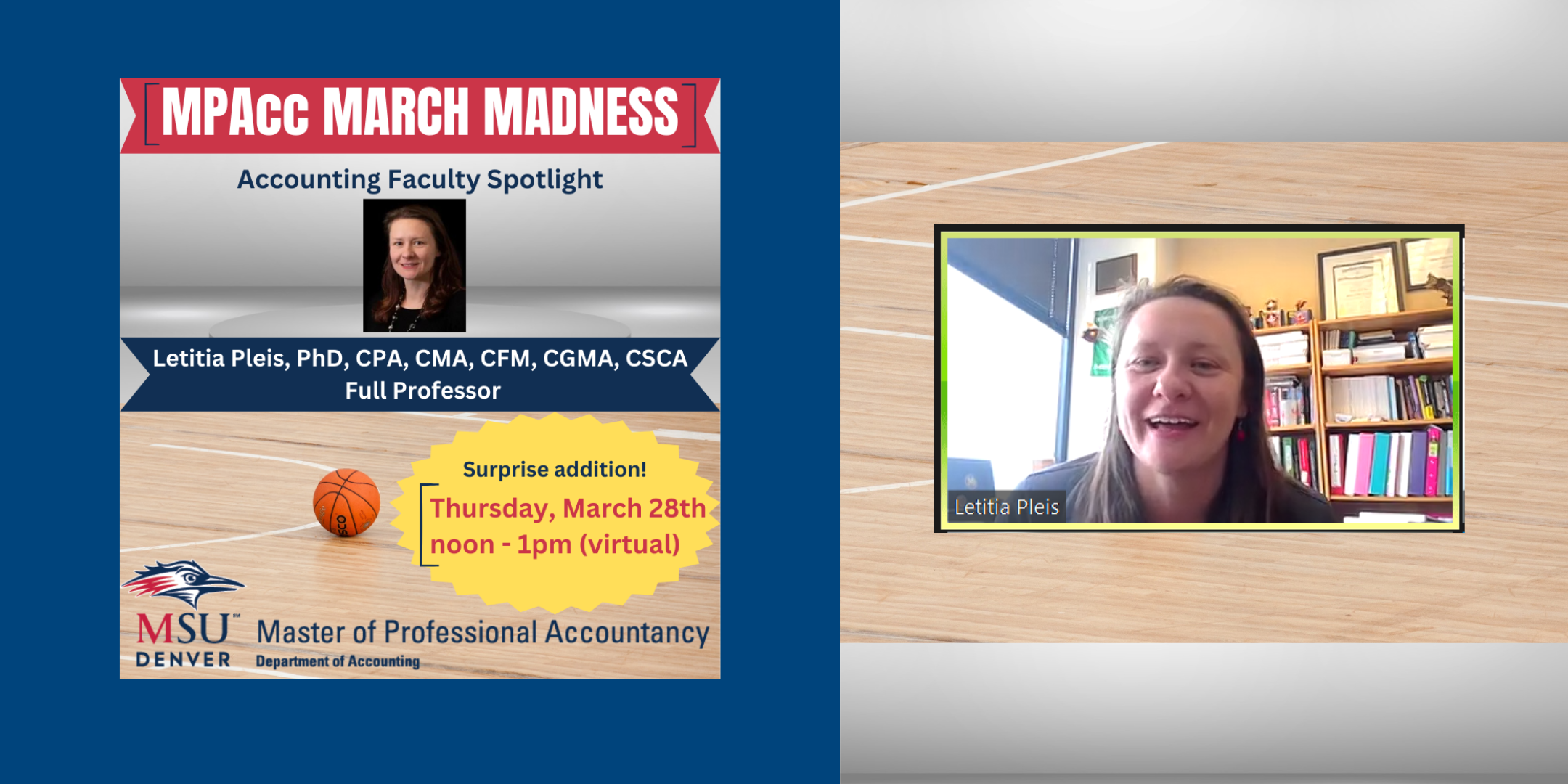 summary image for the accounting faculty spotlight event (3/28/24) blog post - photo of event flyer next to photo of featured guest in Zoom meeting room