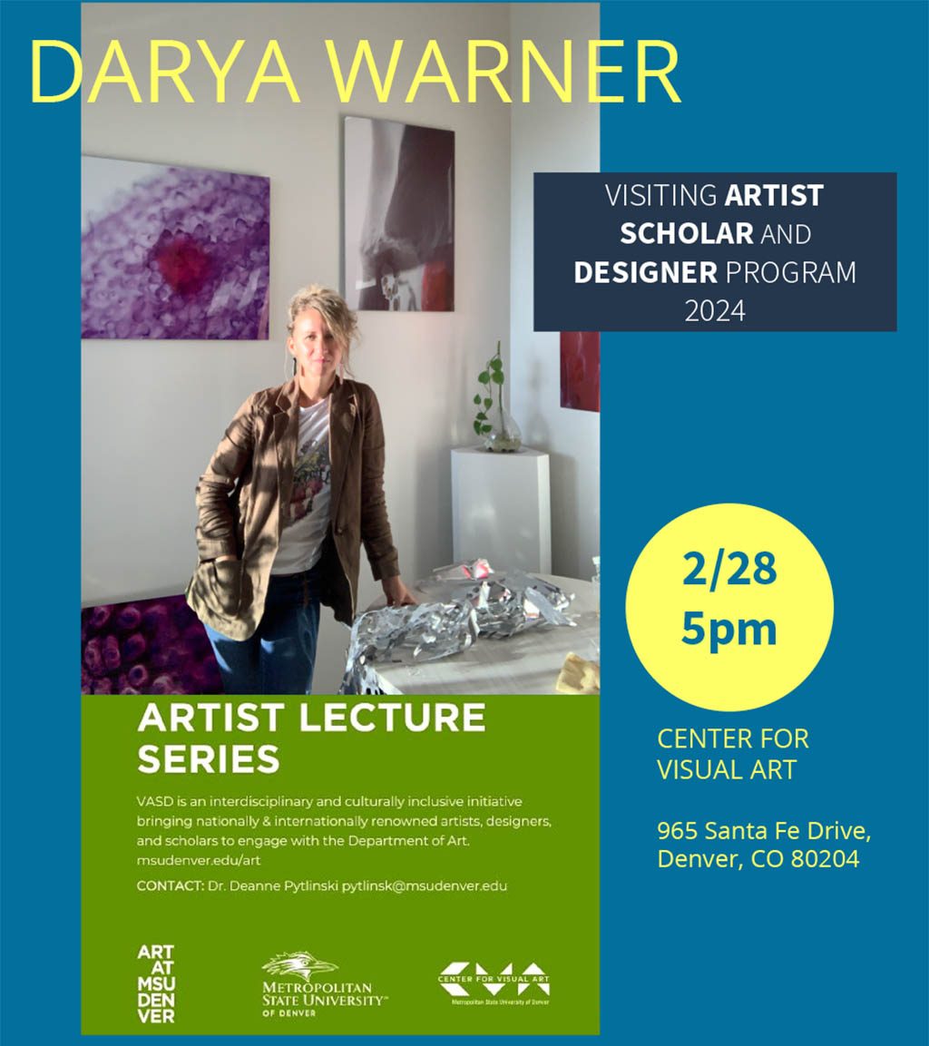 Join us Wednesday, February 28, 2024 at 5:00pm at Center for Visual Art, 965 Santa Fe Drive, Denver, for a Visting Artist talk with Darya Warner. Darya works at the intersection of art and science by bridging the creative process and growth/connections with human and non-human actors through the prism of Climate Change. By addressing site-specific history, ecology, and local systems of communication Darya aims to mine a new form of hybrid space for 