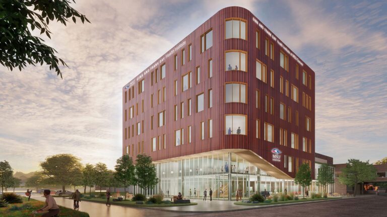 A rendering of a six-story health education building that will be a key component of the Gina and Frank Day Health Institute.