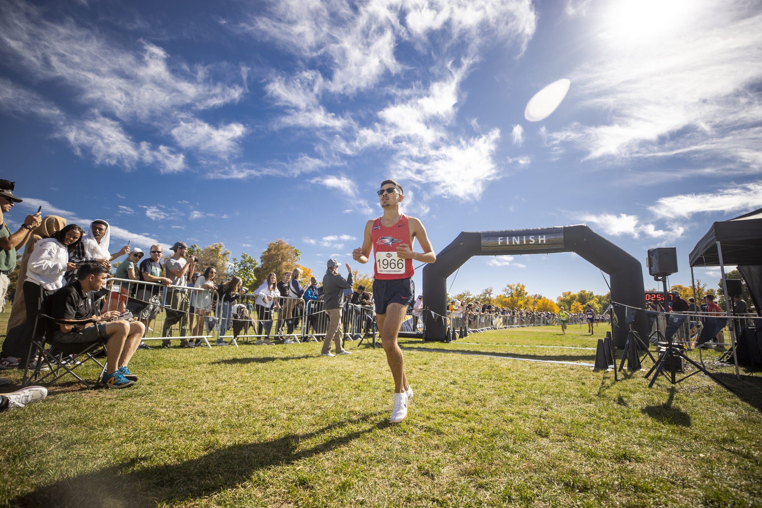 MSU Denver Track athlete Noel Lopez at the Finish line after complete a race.