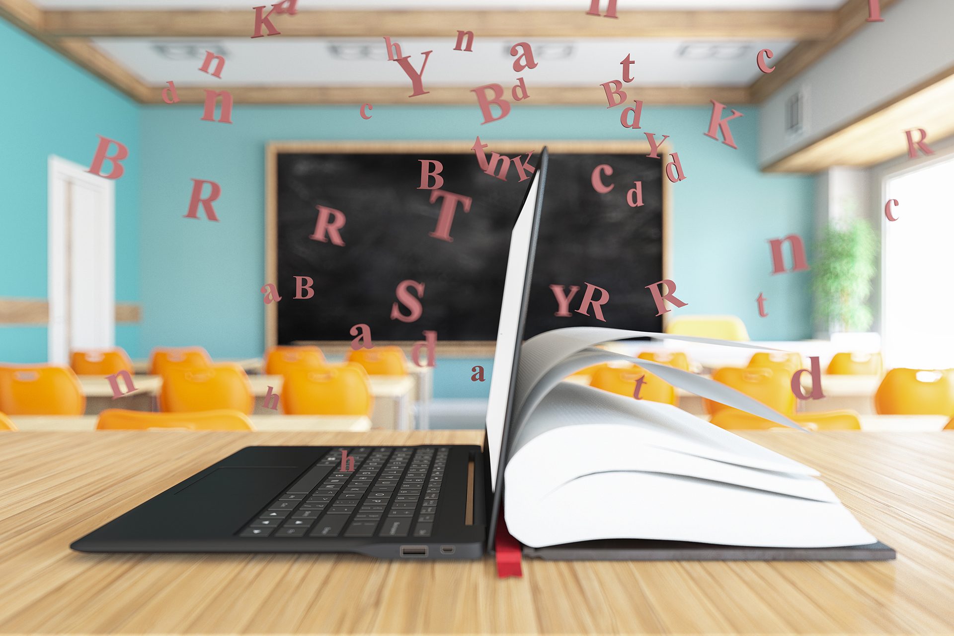 Computer on left and book on right showing the merging of educational resources