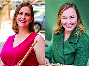 Headshots of Patricia Surman holding a flute, and Katy Wherry in a green coat