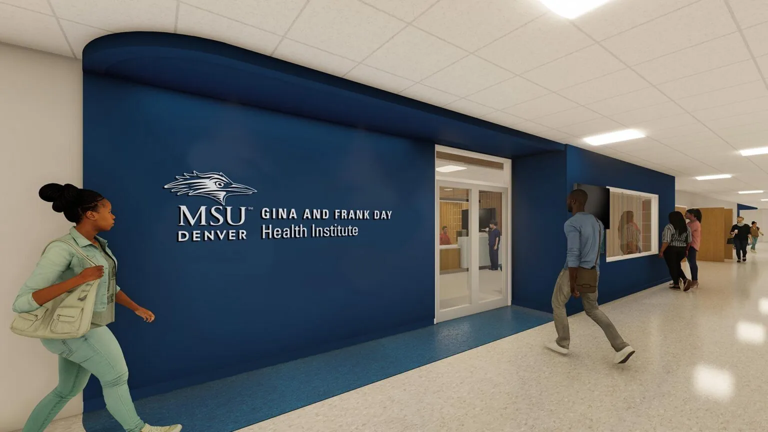 Example of simulator view. Simulated people walk into a clinic with MSU Denver Logo. Signage says Gina and Frank Day Health Institute