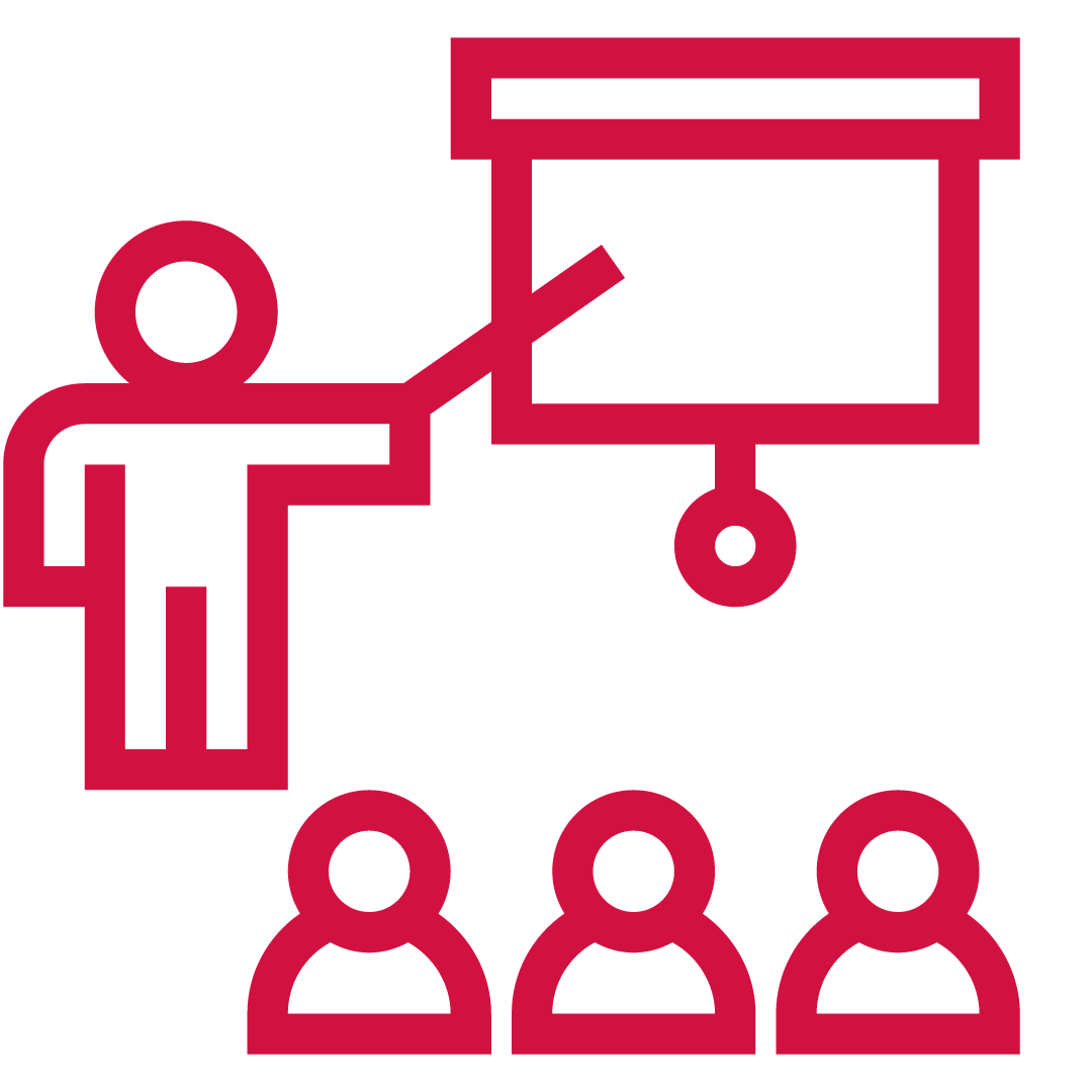 Icon in red of an instructor teaching in front of a classroom of students.