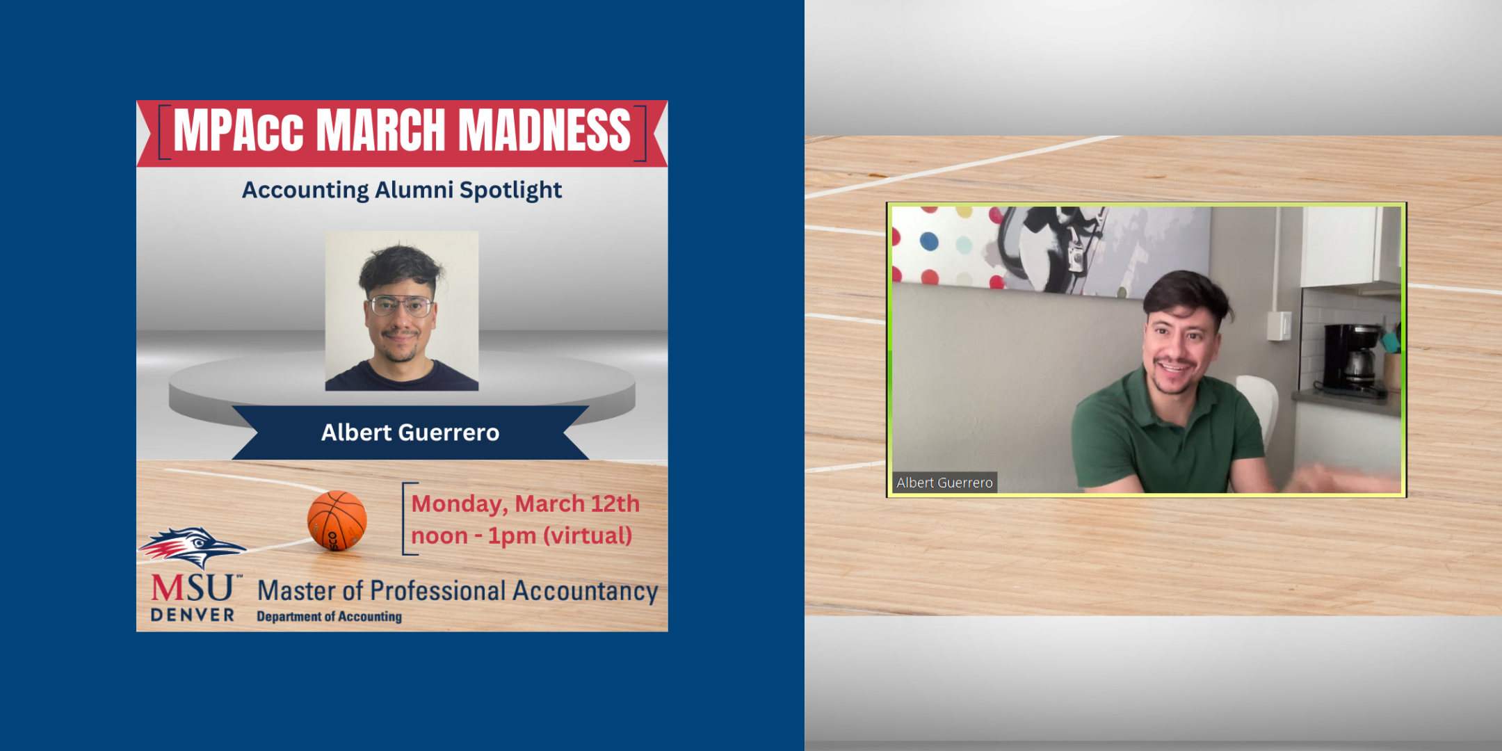 summary image for the accounting student spotlight event (3/12/24) blog post - photo of event flyer next to photo of featured guest in Zoom meeting room