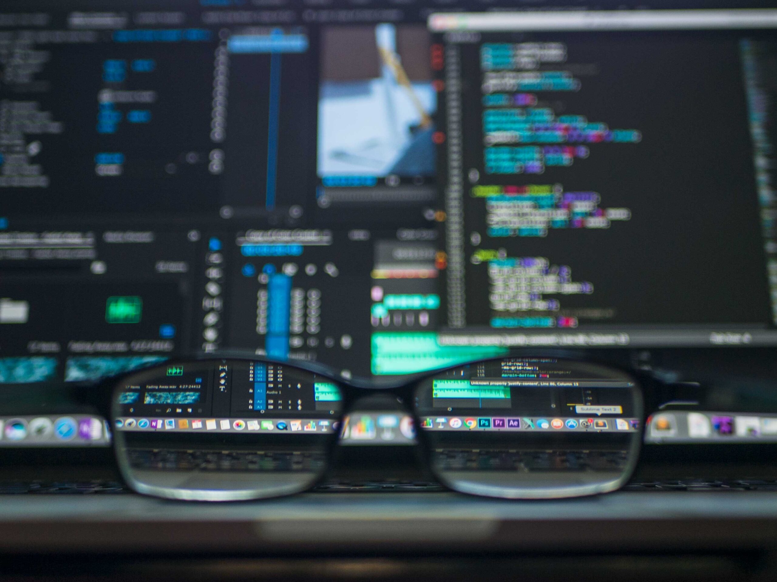 a glass with coding screen in the back