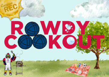 graphic with Rowdy Cookout title with grass, a tree, sun and clouds behind