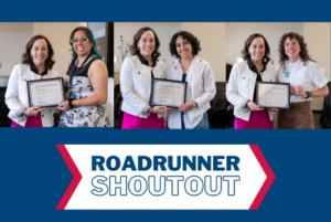 Leslie Boyd, Teiriana Ibarra and Analycia Gonzales win Roadrunner Shoutout Awards from President Davidson.